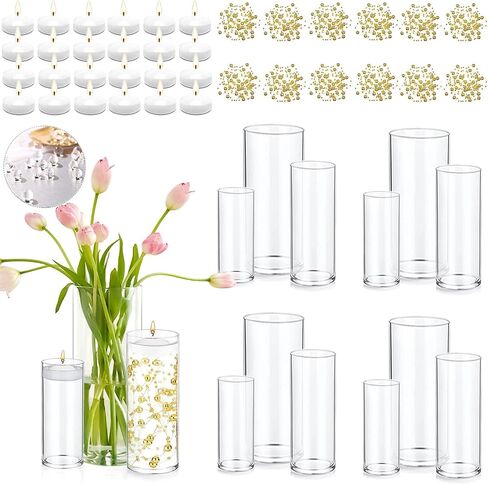 Set of 12 Glass Cylinder Vases for Centerpieces with 80000 Water Beads 12 Pearl String 24 White Floating Candles for Centerpieces, Table Centerpieces for Wedding Party Home Decor 5, 6, 8 Inch in Saudi Arabia