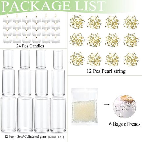 Set of 12 Glass Cylinder Vases for Centerpieces with 80000 Water Beads 12 Pearl String 24 White Floating Candles for Centerpieces, Table Centerpieces for Wedding Party Home Decor 5, 6, 8 Inch in Saudi Arabia