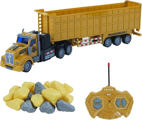 Remote Control Semi Dump Truck with Trailer Includes Simulated Stones, 14" 1:48 Trailer Dump Truck Toy, Equipped with 2 Rechargeable Batteries, Gifts Ideas for Boys Age 3-8 Year Old in Saudi Arabia