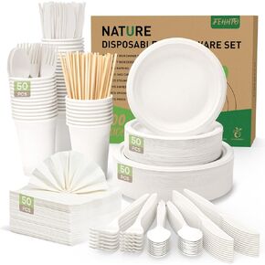 400PCS Disposable Paper Plates Set, Compostable Eco-friendly Dinnerware Set, Biodegradable Heavy-Duty Paper Plates, Utensils, Cups and Straws for Party Camping 50 People