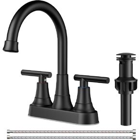 FORIOUS Matte Black Bathroom Faucets 3 Hole, Centerset Faucet for Bathroom Sink with Pop up Drain, Lead-Free Two Handles 4 Inch Bathroom Sink Faucet for Basin,Vanity, Farmhouse