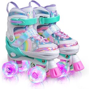 SULIFEEL Rainbow Unicorn 4 Size Adjustable Light up Roller Skates for Girls and Boys for Toddler Purple X-Small