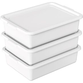 Hespama 3 Pack Commercial Bus Tub with Lid, 13 L Plastic Dishpan Wash Basin, White