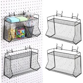 Huwena 2 Pcs Tiered Pegboard Baskets Bin Set with 4 Pegboard Hooks Black Pegboard Parts Storage System Metal Garage Pegboard Tool Organizer for Workbench Bathroom Kitchen Accessory, 1 Grid