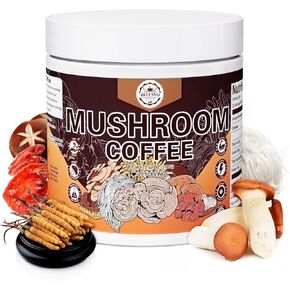 Mushroom Coffee, Instant Mushroom Coffee Mushroom Powder Blend (20 Servings) with Cordyceps, Reishi, Lion's Mane, Shiitake, King Trumpet, Mushroom Supplement for Energy, Focus, Immune Support