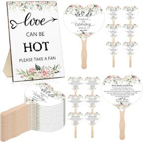 51 Pcs Wedding Fans for Guests Flower Wedding Favors 50 Flower Heart Wedding Paper Fans with Wood Handle, 1 Pcs Love Can Be Hot Wooden Wedding Table Sign Bridal Shower Favor