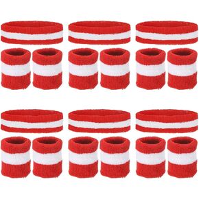 PATIKIL Sweatbands Headband Wristband, 6 Set/18Pcs Sweatband Terry Cloth for Sports Basketball Tennis Athletic Gym Working Out, Red, White