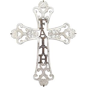 Comfy Hour Faith and Hope Collection 14" White Handmade Hollow Out FAITH Cross, Antique Style, Art Wall Decor, Resin