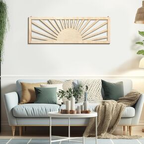 Burbell Sun Wood Wall Art Decor Boho Sunshine Horizontal Wall Art 35'' x 12'' Large Above Bed Wall Decor Panoramic Sunset Bedroom Decor for Home Living Room Office(Wood Color)