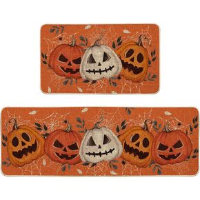 Artoid Mode Pumpkins Spider Web Leaves Black Halloween Kitchen Mats Set of 2, Black Home Decor Low-Profile Kitchen Rugs for Floor - 17x29 and 17x47 Inch