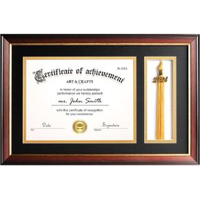 Yaetm 11x17 Diploma Frames with Tassel Holder for 8.5x11 Certificate Document with Tempered Glass Cover & Black Mat Over Gold Acid-Free Mat, Mahogany Graduation Picture Frame