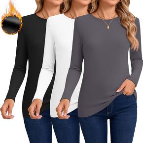 Huukeay 3 Pack Women's Thermal Shirts Long Sleeve De Velvet Lined Underwear Tops Crew Neck Slim Fit Basic Base Layer Tee in Kuwait