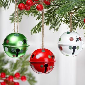 12 Pcs Large Christmas Jingle Bells 2.4 Inch Lime Green Gliltter dot Red White Green Metal Bells with Rope Craft Hanging Jingle Bells for Holiday Xmas Tree Sleigh Party Decor