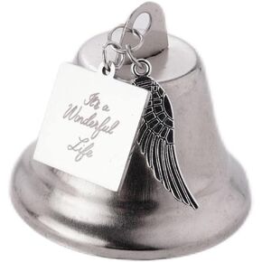 Silver It's a Wonderful Life Christmas Angel Bell Ornament, Stainless Steel Angel Wing Bell Charm Christmas Tree Decorations with Gold Ribbon Home Décor Accents, Memorial Decorative Bells