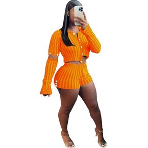 acelyn Women 2 Piece Knit Sweater Sets Crochet Workout Outfits Long Sleeve Crop Top Shorts Lounge Tracksuits