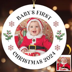 NewEleven Baby's First Christmas Ornament 2024, First Christmas As Family Of Three - Baby Picture Frame Newborn Gift, First Time Parents Gifts, Family Of 3 First Christmas Gifts For New Parents - Double-Sided Printing Photo Frame Ornament