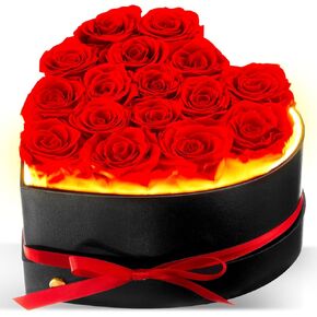 Flutesan 16 Pieces Flowers Heart Shape Box with LED Light Preserved Roses with Lighting Immortal Roses for Mother Wife, Valentines Day Mothers Day Anniversary Birthday Romantic Gift for Her