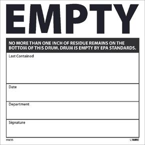 NMC HW35AL Empty NO More Than ONE INCH of Residue Remains ON The Bottom of This Drum. Drum is Empty by EPA Standards Label - PS Paper Hazmat Label