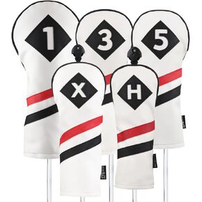 Majek Retro Golf Headcovers White Red and Black Vintage Leather Style 1 3 5 X H Driver Fairway and Hybrid Head Covers Fits 460cc Drivers Classic Look
