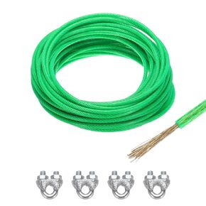 MECCANIXITY 2.5mm (3/32 inch) Green Vinyl Coated Wire Rope, 15m /49ft Galvanized Steel Cable Wire Rope with 4PCS M3 Loop Sleeves for String Light Hanging, Deck Railing, Garden Wire