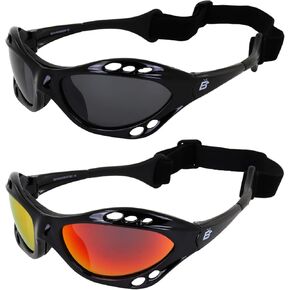 Birdz Eyewear نظارات شمسية مستقطبة مبطنة Seahawk، زوجين مع حزام، الرياضات المائية، ركوب الأمواج، التجديف، Jetski، أسود مع عدسة دخانية وعدسة مرآة حمراء