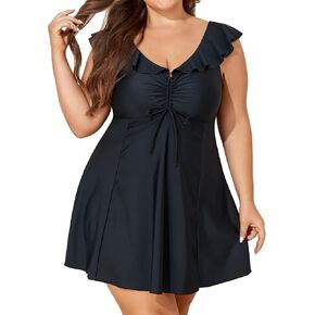 Smismivo Plus Size Swim Dress with Shorts Swimsuit One Piece Tummy Control Push Up Bathing Suit for Women Modest Swimdress