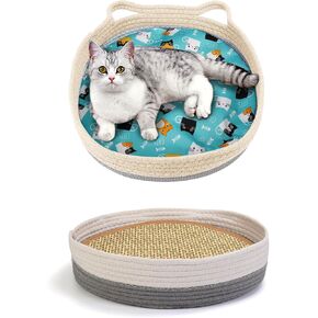Round Cat Bed for Indoor Cats, Cat Basket Bed, Wicker Cat Donut Beds, Cooling Cat Nest for Summer Sleeping, Washable Pet Pad for Cat Scratching, Blue Grey