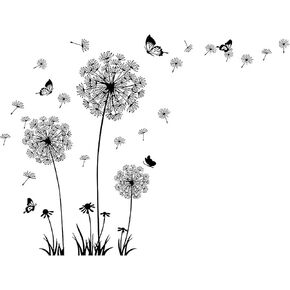 Black and White Dandelion Butterfly Wall Stickers,Creative Peel and Stick Vintage Floral Art Decor, Removable DIY Sticker Decals for Kids Bedroom Living Room Nursery Classroom Playroom