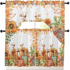 Thanksging Pumpkins Swag Kitchen Curtains Valance and Tier Set 24 Inch Length, Watercolor Orange White Fall Leaves Rod Pocket Swag Curtains for Living Room Bedroom Bathroom Window Drapes 3 Piece