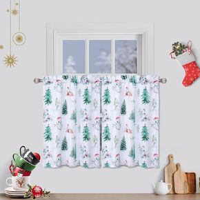 Christmas Kitchen Curtain Valance 15 inch, Christmas Valance Curtains for Windows, Xmas Tree Snowman Pattern Decorations Curtain Valance for Kitchen Cafe Curtains, White and Green 54" W x 15" L