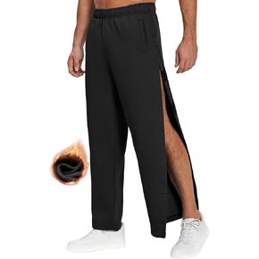 Deyeek Mens Fleece Tear Away Pants Loose Fit Post Knee Replacement Surgery Pants Breakaway Sweatpants Side Snap with Pockets