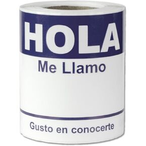 [100/لفة، 3 لفات=300 ملصق] Hola, Me Llamo Equiqueta Adhesivas - تحديد علامات الاسم الإسبانية - 4 بوصة × 2.3 بوصة باللون الأزرق - لاصق آمن على القماش وملصقات مثقوبة لمناسبات الشبكات والمدرسة، إلخ.