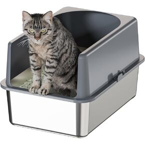 High-Sided Stainless Steel Cat Litter Box,Stainless Steel Litter Box with Lid,Extra Large Litter Box,Easy-to-Clean Metal Litter Pan for Cats(24" L X 16" W X 6" H with Enclosure)