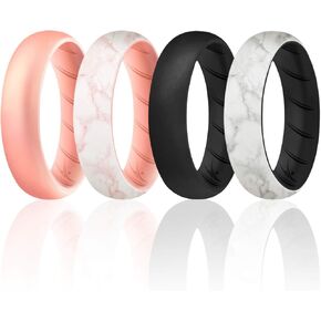 ROQ Silicone Rings for Women, Breathable Silicone Rings, Sets of 4 Bands, Unique Silicone Wedding Ring for Women, Medical Grade Silicone Rubber Band - Black, Rose Gold, Marble Colors - Size 7