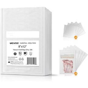 8" x 12" Precut Bags, 200 Count, Vacuum Sealer Bags for Food, Heavy Duty, Great for Food Storage, Sous Vide and Meal Prep, Wevac