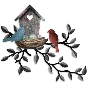 COLOR VALLEY ART Birds Wall Decor Metal Bird Decor for Wall Outdoor Bird Wall Art Hanging Metal Tree with Birdhouse for Living Room Metal Tree Leaf Wall Decor for Indoor Outdoor Garden (Dark)