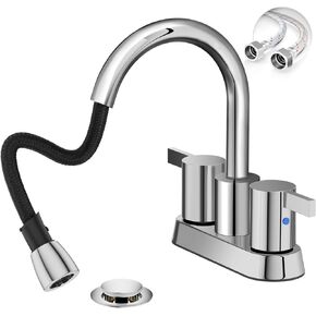 Phiestina Pull Down Sprayer Matte Black 4 Inch Bathroom Faucet，Centerset 2 Handle Pull Out Bathroom Sink Faucet with 360 Swivel Spout，Metal Pop-Up Drain and Water Supply Lines，BF04011-K01-MB