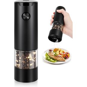 Electric Pepper Grinder or Salt Mill, Battery Powered Automatic Pepper Mill, Ceramic Grinder with Adjustable Coarseness, LED Light, and Salt Mill Refillable, One Hand Operation