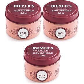MRS. MEYER'S CLEAN DAY Soy Tin Candle, 12 Hour Burn Time, 3 Pack, Made with Soy Wax and Essential Oils, 2.9 oz, Rose