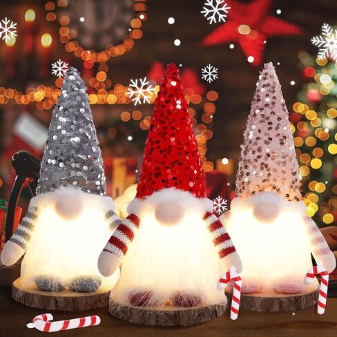 3Pcs Lighted Christmas Gnomes Decorations, Light Up Christmas Gnomes Plush with Glitter Sequins Hat, Handmade Swedish Tomte Gnome Elf Doll for Home Mantel Shelf Tabletop Winter Xmas Gifts in Saudi Arabia