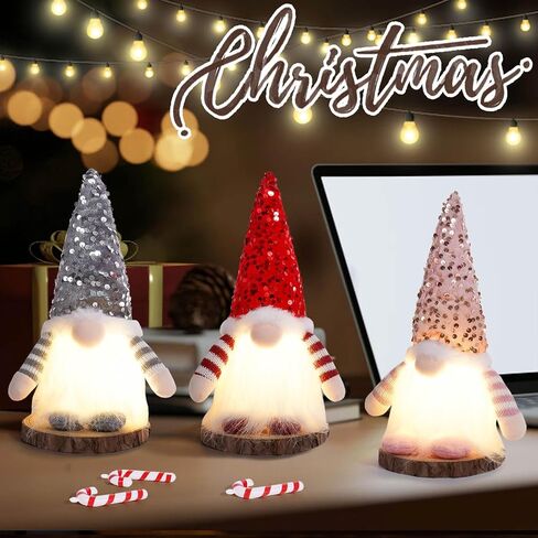 3Pcs Lighted Christmas Gnomes Decorations, Light Up Christmas Gnomes Plush with Glitter Sequins Hat, Handmade Swedish Tomte Gnome Elf Doll for Home Mantel Shelf Tabletop Winter Xmas Gifts in Saudi Arabia
