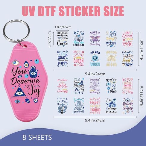 UV DTF Wrap Stickers - 8 Sheets Inspirational Quote UV DTF Stickers for Motel Keychain Motivational UV DTF Wraps Floral UVDTF Wraps Waterproof UV DTF Transfer Stickers for Hotel Keychain in Saudi Arabia