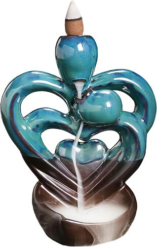 YYW حامل بخور بتدفق خلفي مزدوج القلب، مبخرة بخور شلال مع 20 مخروط بخور بتدفق خلفي، 30 عصا بخور عطرية، بخور بتدفق خلفي من السيراميك لتزيين المنزل بالروائح العلاجية in Kuwait