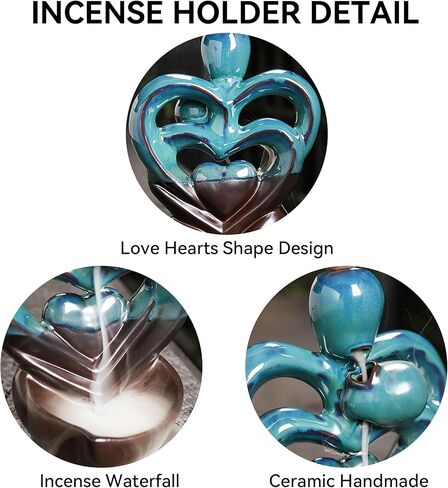 YYW حامل بخور بتدفق خلفي مزدوج القلب، مبخرة بخور شلال مع 20 مخروط بخور بتدفق خلفي، 30 عصا بخور عطرية، بخور بتدفق خلفي من السيراميك لتزيين المنزل بالروائح العلاجية in Kuwait