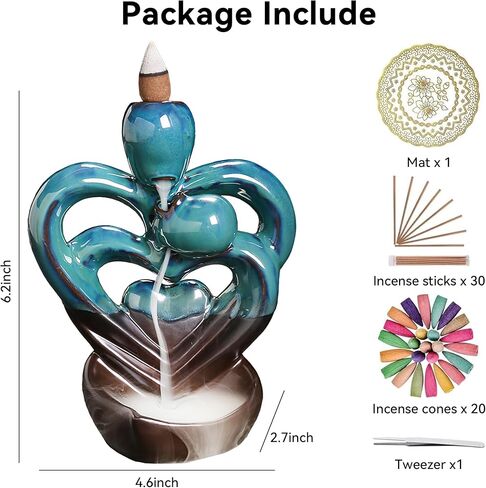 YYW حامل بخور بتدفق خلفي مزدوج القلب، مبخرة بخور شلال مع 20 مخروط بخور بتدفق خلفي، 30 عصا بخور عطرية، بخور بتدفق خلفي من السيراميك لتزيين المنزل بالروائح العلاجية in Kuwait