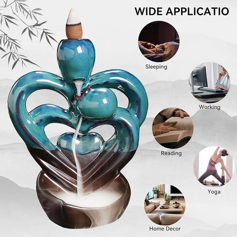 YYW حامل بخور بتدفق خلفي مزدوج القلب، مبخرة بخور شلال مع 20 مخروط بخور بتدفق خلفي، 30 عصا بخور عطرية، بخور بتدفق خلفي من السيراميك لتزيين المنزل بالروائح العلاجية in Kuwait