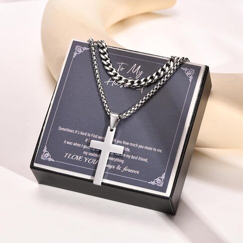 VNOX To My Son Necklace - قلادة متقاطعة الطبقات هدية للابن من أمي الفولاذ المقاوم للصدأ الفضة الطبقات الكوبية سلسلة الصليب قلادة قلادة مجوهرات بسيطة هدايا عيد ميلاد الابن من أمي in Kuwait