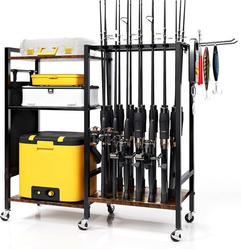 TC-HOMENY Fishing Rod Holder for Garage, Fishing Pole Rack Cart 10 Rod Fit All Fishing Rods, 3 Tier Fishing Tackle Storage Organizer Rack with Storage Bag, Fit For Living Room in Saudi Arabia