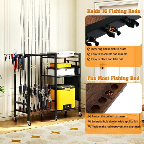 TC-HOMENY Fishing Rod Holder for Garage, Fishing Pole Rack Cart 10 Rod Fit All Fishing Rods, 3 Tier Fishing Tackle Storage Organizer Rack with Storage Bag, Fit For Living Room in Saudi Arabia