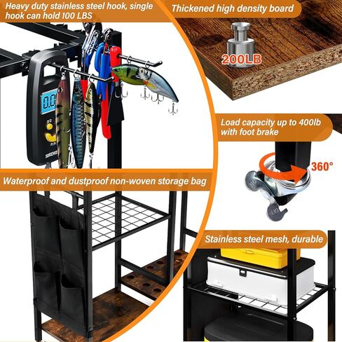 TC-HOMENY Fishing Rod Holder for Garage, Fishing Pole Rack Cart 10 Rod Fit All Fishing Rods, 3 Tier Fishing Tackle Storage Organizer Rack with Storage Bag, Fit For Living Room in Saudi Arabia